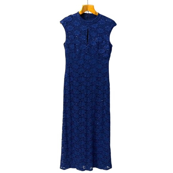 Connected Apparel Navy Blue Lace MOB Formal Evening Gown Maxi Dress Size 16 - Picture 7 of 9